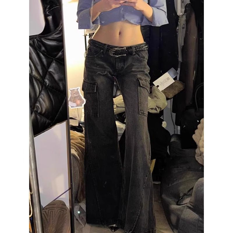 ELLE Black Low Waist Skinny Multi-Pocket Flared Cargo Jeans For Women Spring Autumn Draped Narrow Version Bootcut_mkmklike.com
