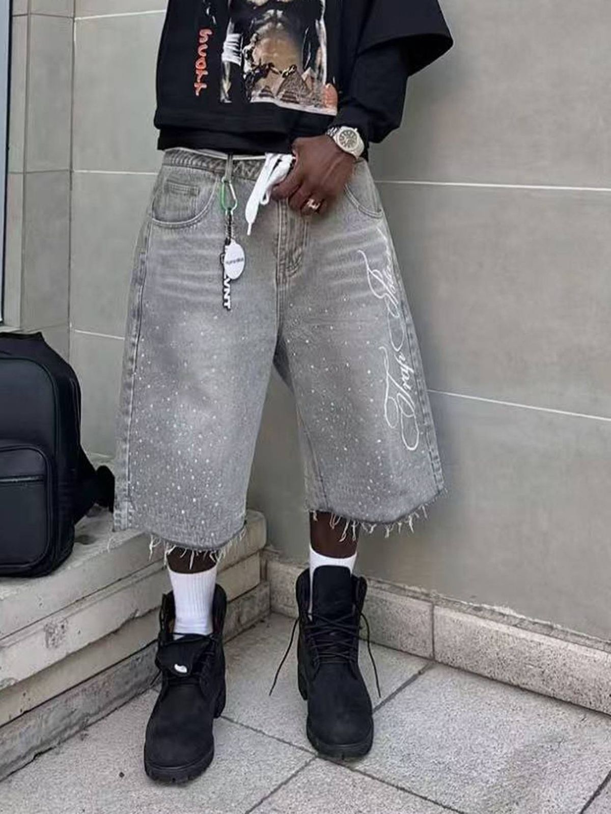 Retro Washed High Street Denim Shorts Straight Wide Leg Distressed Loose Casual Versatile Cropped Pants For Men_mkmklike.com