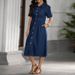 K Women's New Denim Collarless Short-sleeved Cardigan Waist-cinching Close-fitting Dress_mkmklike.com
