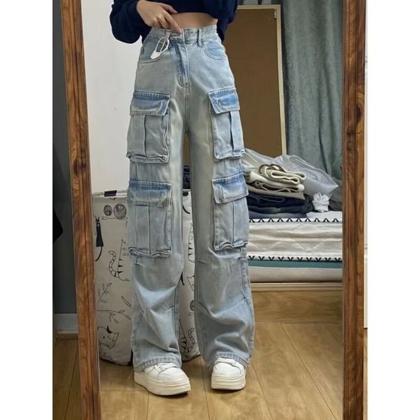Women's Retro Cargo Jeans High Waisted Straight Leg Baggy Pants With Multi-Pockets, Stretch Denim, Comfortable & Stylish Oversized Trousers_mkmklike.com