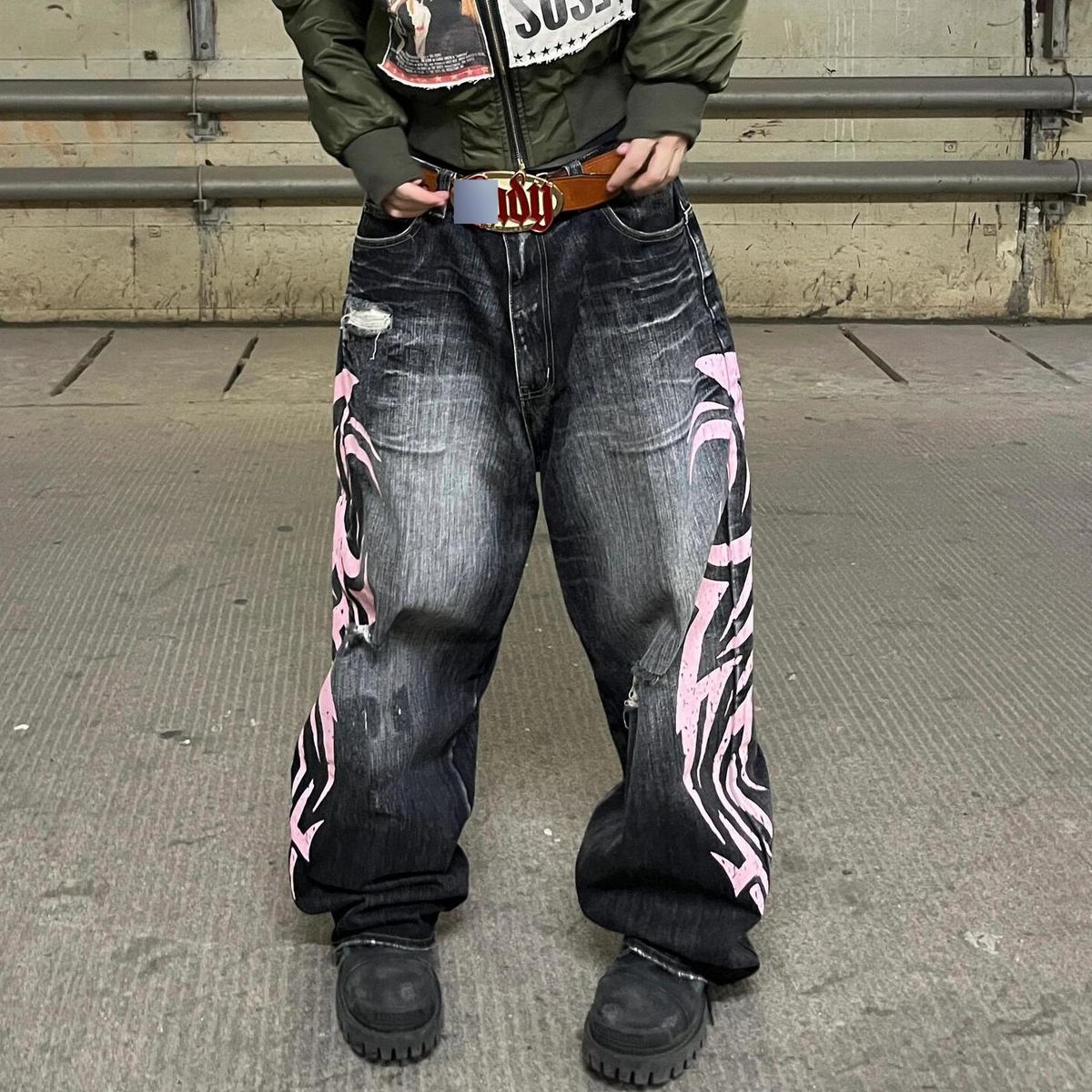 Women’s Clothing Retro Large Size Washed Blade Print Jeans Women's Street Loose Slim Wide Leg Trousers Trendy Brand_mkmklike.com