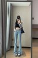Retro Patchwork Flare Jeans – Petite-Friendly High Waist (S-5XL, Color-Blocked)_mkmklike.com