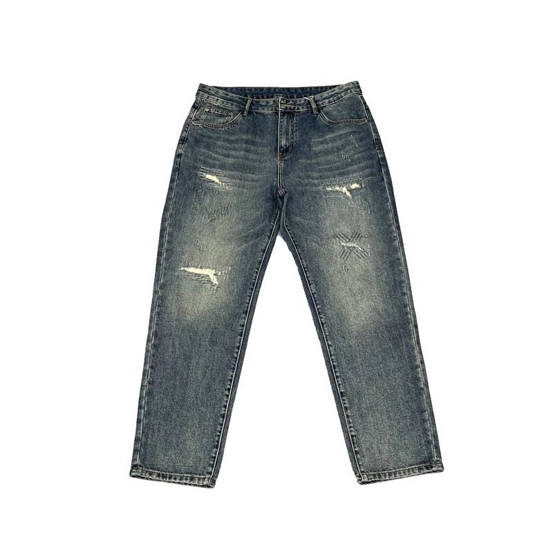 Spring American Casual Ruffian Handsome Retro Ripped Patch Jeans Men's Straight Loose Versatile Tapered Beggar Pants_mkmklike.com