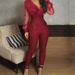new solid color V neck mesh slim long sleeved jumpsuit trousers large stock_mkmklike.com