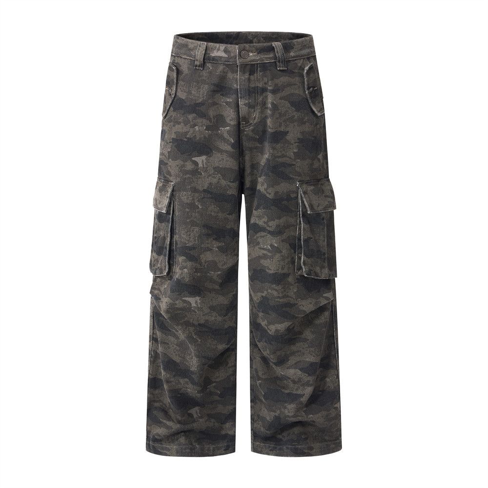American Style Workwear Camouflage Street Fashion Punk Loose Jeans Men's Multi-Pocket Straight Pants With Pleated Design_mkmklike.com