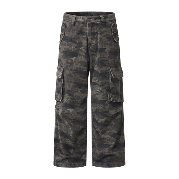 American Style Workwear Camouflage Street Fashion Punk Loose Jeans Men's Multi-Pocket Straight Pants With Pleated Design_mkmklike.com