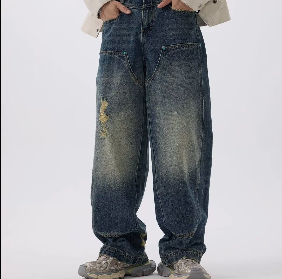 Turquoise Washed Relaxed Fit Vintage Jeans For Men & Women – High Street Retro Carpenter Denim Pants With Zip Fly & Button Accents_mkmklike.com