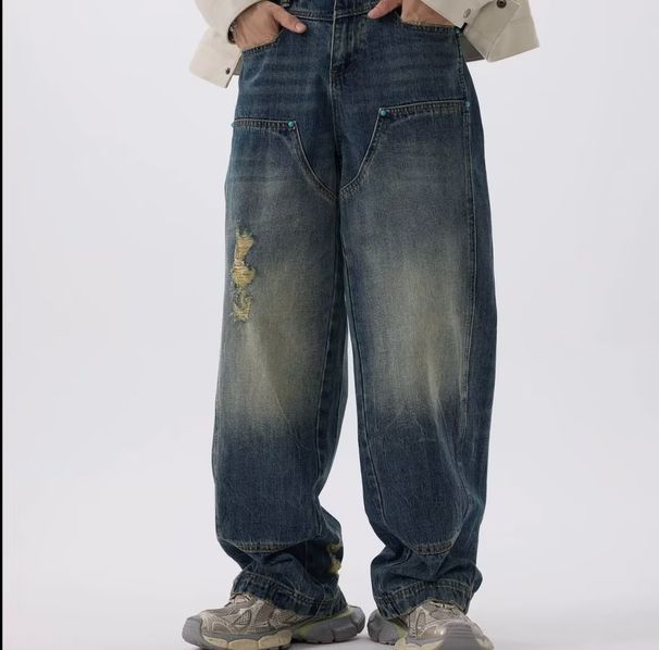 Turquoise Washed Relaxed Fit Vintage Jeans For Men & Women – High Street Retro Carpenter Denim Pants With Zip Fly & Button Accents_mkmklike.com