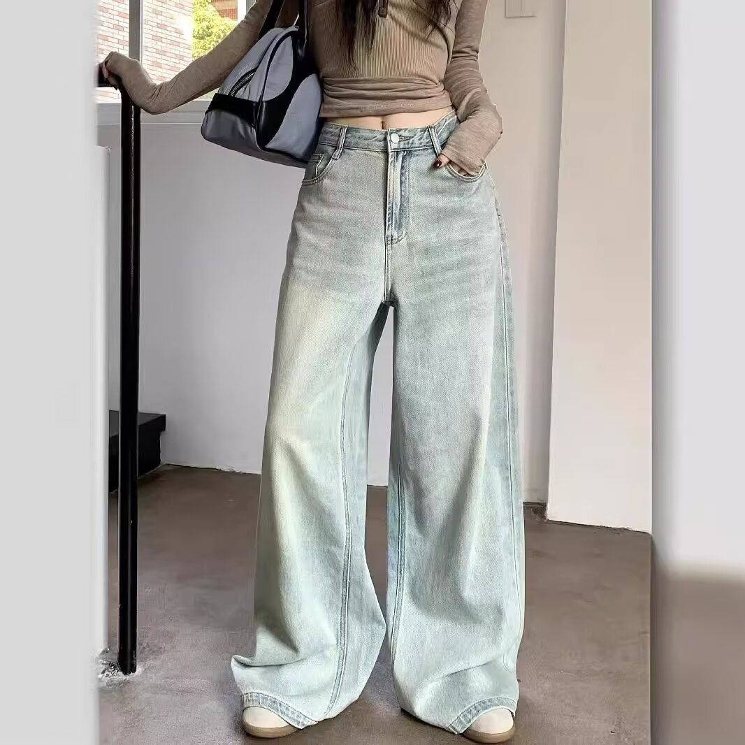 American-style Design Loose Wide-leg Jeans For Women, New Autumn Collection, High-waisted, Slimming, Versatile, Drapey,_mkmklike.com