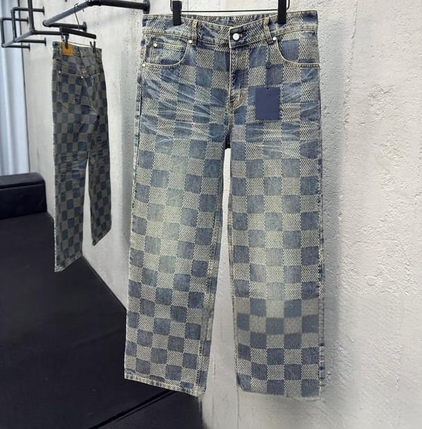 Men's Checkerboard Denim Jeans - High Street Hip Hop Style, Straight Fit, Classic Indigo Blue, Cotton Comfort_mkmklike.com