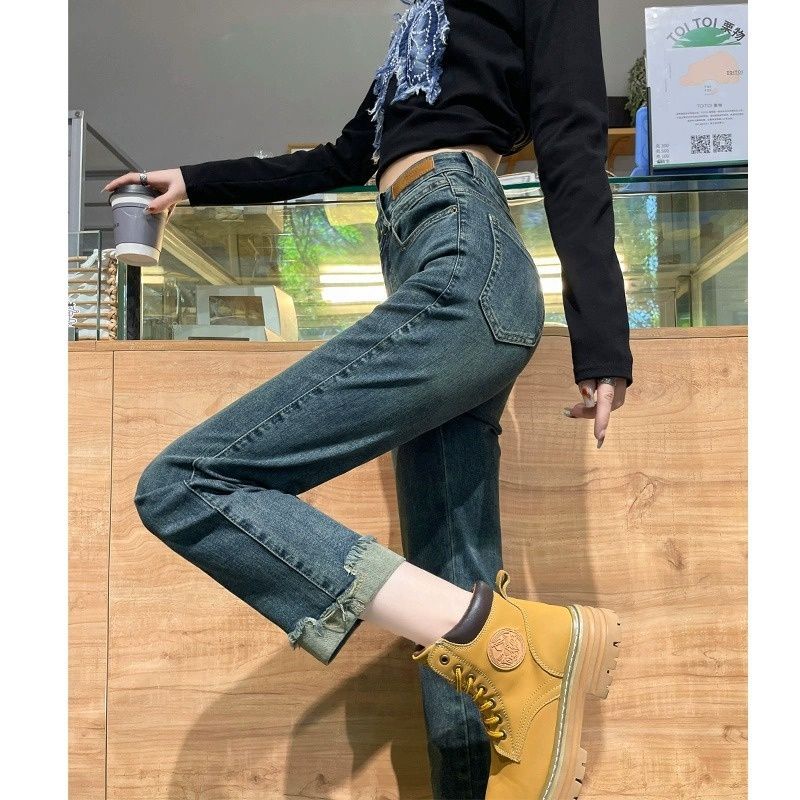 Women's Straight-leg Jeans Autumn And Winter 2024, New Style For Petite Figures, High-waisted Slim-fit Cropped Cigarette_mkmklike.com