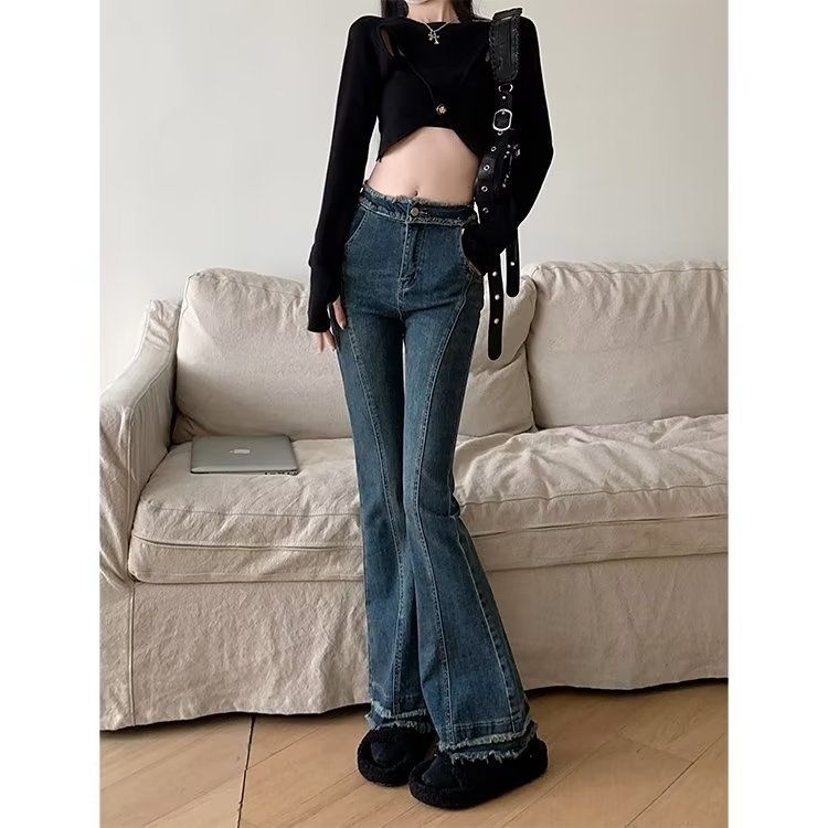 Trendy Hot Girl Blue Jeans For Women, Autumn 2024 New Korean Style High-waisted Slimming Stretchy Frayed Hem Micro-flare_mkmklike.com