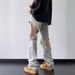 American High Street Vibe Pants Knee Big Hole Jeans Men's Summer Thin Yellow Mud Beggar Wind Straight-leg Pants_mkmklike.com