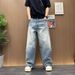 Vintage Washed Distressed Denim Jeans for Men Relaxed Fit Straight Leg Wide Hem Retro Style_mkmklike.com
