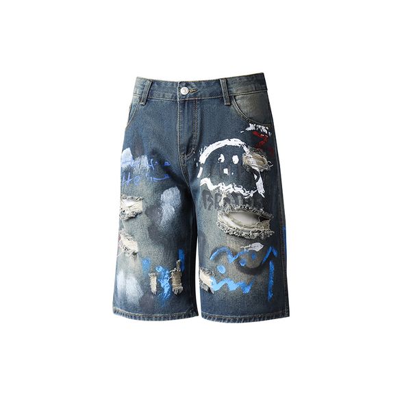 Men's Clothing Men's Blue Painted Five Point Loose Straight Leg Denim Shorts Trendy Brand Fashionable Cross Border Best Selling Versatile_mkmklike.com