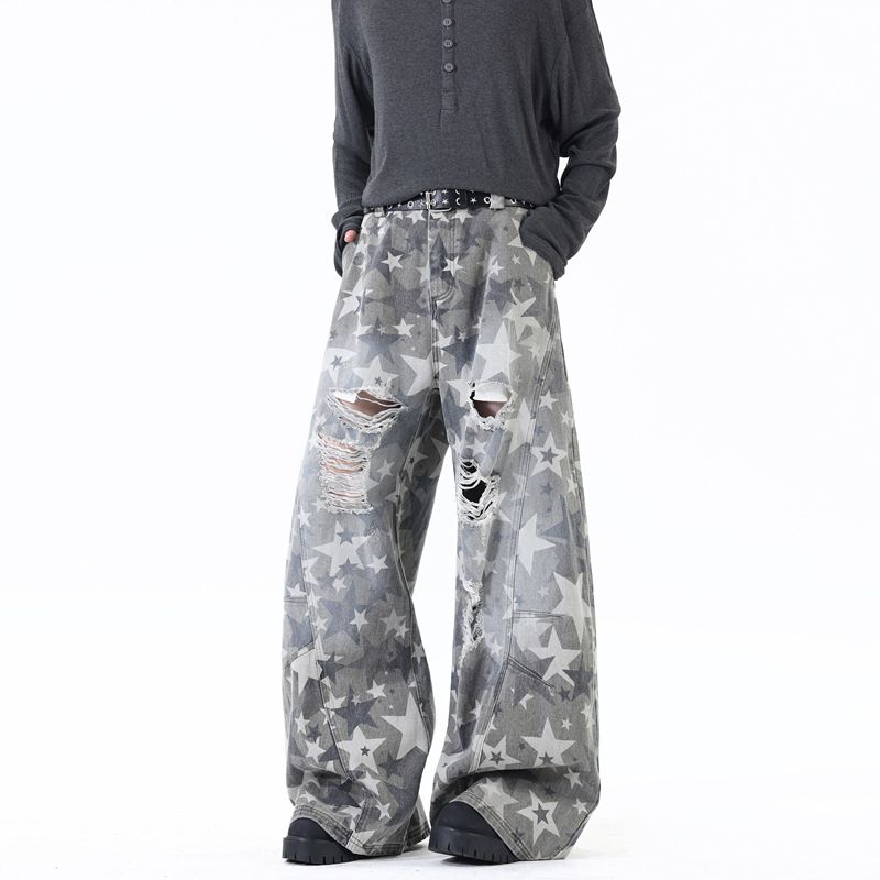 Men's & Women's Star Print Denim Pants – Retro High Street Baggy Jeans With Curved Hem | 90s Vintage Streetwear_mkmklike.com