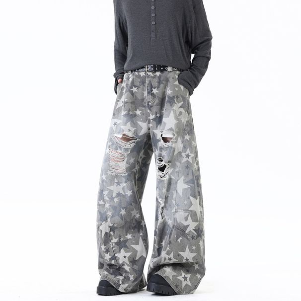 Men's & Women's Star Print Denim Pants – Retro High Street Baggy Jeans With Curved Hem | 90s Vintage Streetwear_mkmklike.com