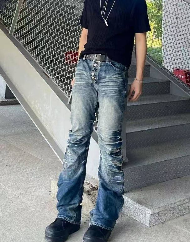 High-Waisted Flared Jeans With Distressed Details & Stacked Hem - Cleanfit Stretch Denim Pants For Women & Teens_mkmklike.com