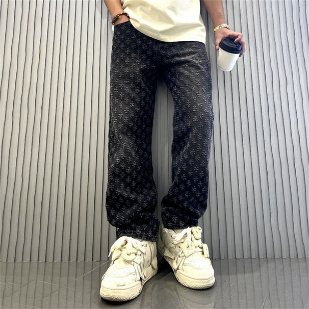 Spring 2027 Fashion High Street Hip-Hop Jeans Men Cotton Mid Waist Jacquard Straight Type Washed Denim Pants_mkmklike.com