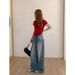 ICC Early Spring New Model Washed Faded Simple Women's Drawstring Loose Wide-leg Jeans 10250_mkmklike.com