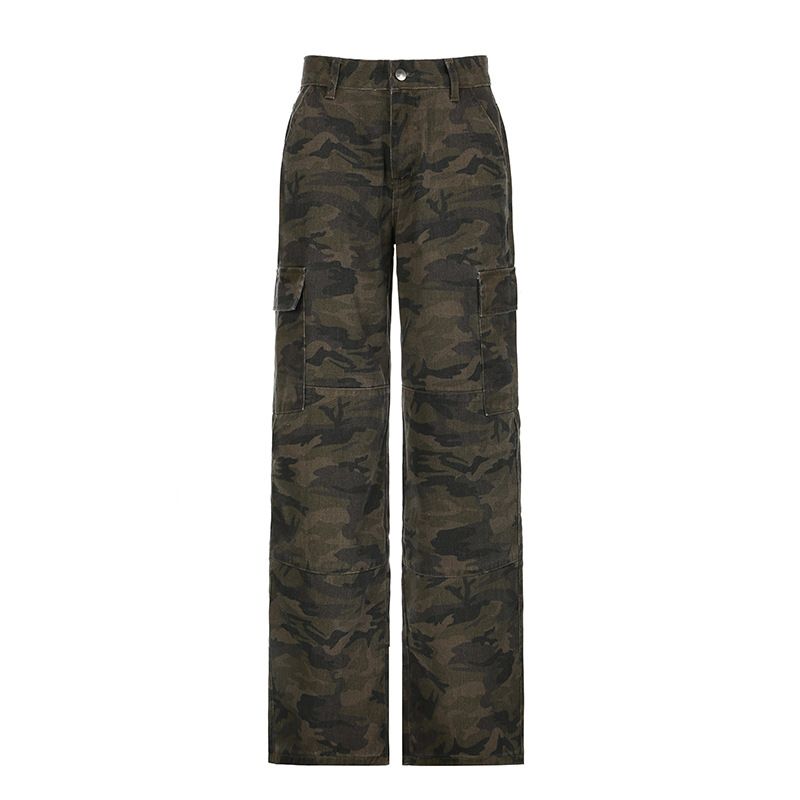 American Street Style Camouflage Color Contrast Tooling Multi-pocket Jeans Women's Low Waist Loose Straight Leg Casual Pants_mkmklike.com