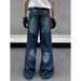 High Street Vintage Washed Denim Jeans – Relaxed Straight-Leg With Subtle Flare (Unisex,Mid-Rise Zip Fly, Distressed Detailing)_mkmklike.com
