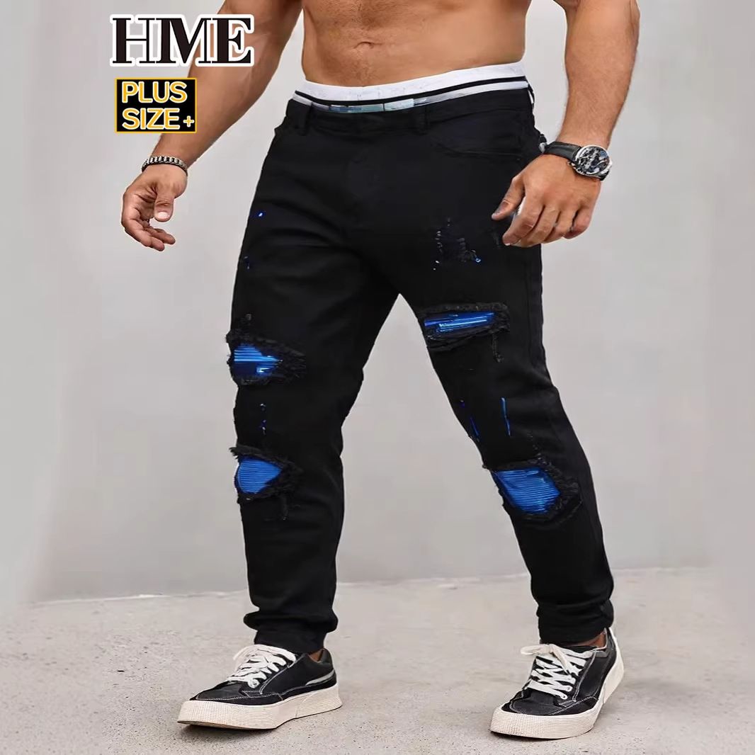 Plus Size Men's Jeans Trendy High Street Ripped Patches Slim Fit Straight Leg Long Pants_mkmklike.com