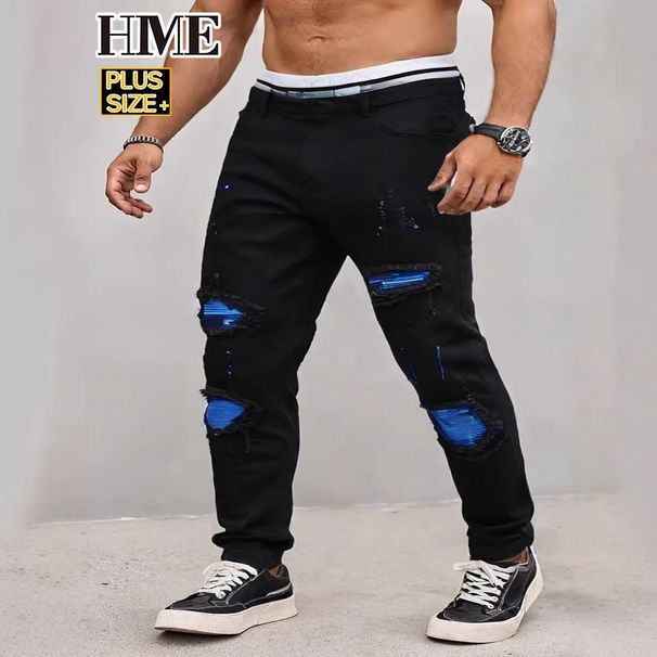 Plus Size Men's Jeans Trendy High Street Ripped Patches Slim Fit Straight Leg Long Pants_mkmklike.com