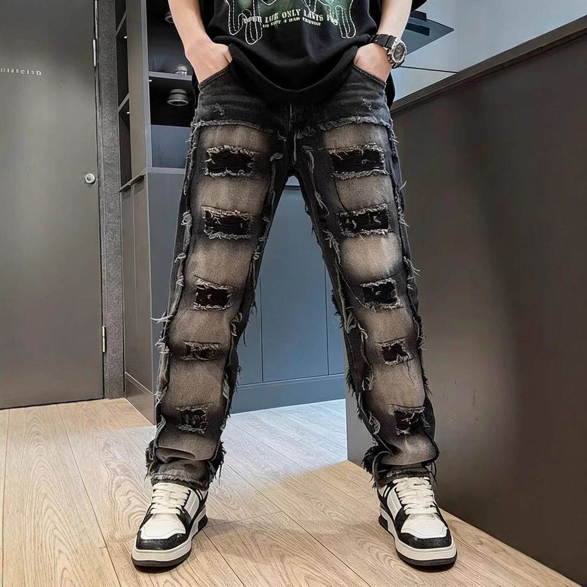 Men's Ripped Jeans Spring Double Line Dyed Seams New Style Denim_mkmklike.com