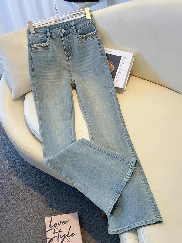 Women's Clothing High Waist Elastic Flared Jeans For Women Spring Slim Wide Leg Pants Floor Length Pants_mkmklike.com