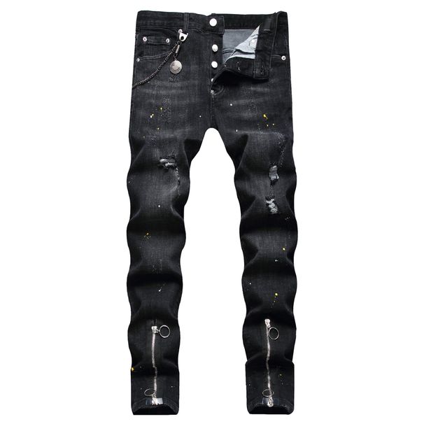 Men's Slim Fit Skinny Jeans Ripped Zipper Charm Stretch Denim European American Style Craft Ink Painted Trendy_mkmklike.com