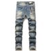 Men's Stretch Denim Jeans With Punk-Inspired Print & Destructive Details - Slim Fit Retro Blue Denim Pants With Whisker Effects_mkmklike.com