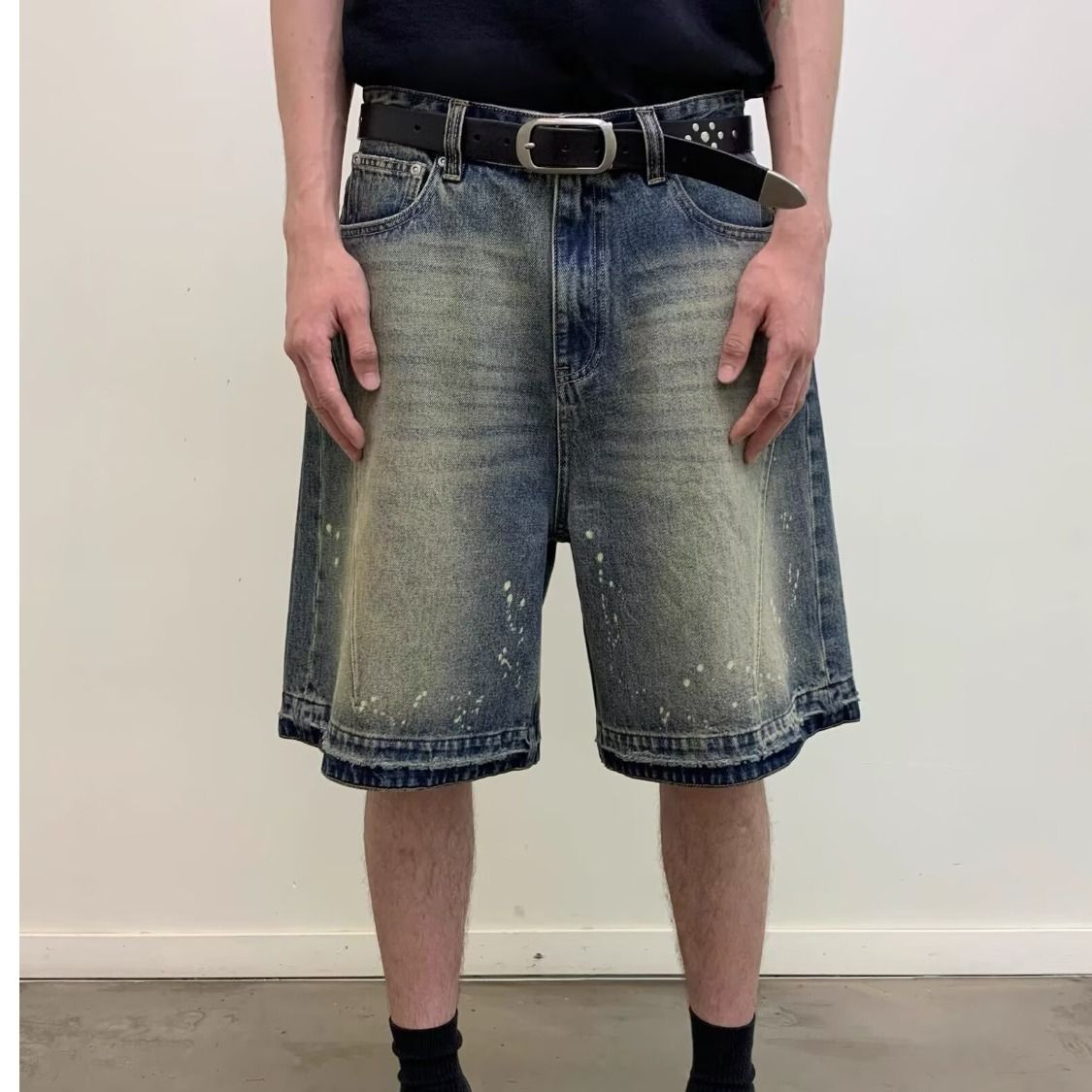 Men's Clothing Summer New Style Washed Retro Distressed Couple Men And Women Casual Five Point Jeans Cat Whisker Silhouette Trendy Loose_mkmklike.com