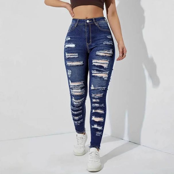 Women's Clothing Ripped Raw Edge High Elastic Women's Denim Skinny Pants_mkmklike.com