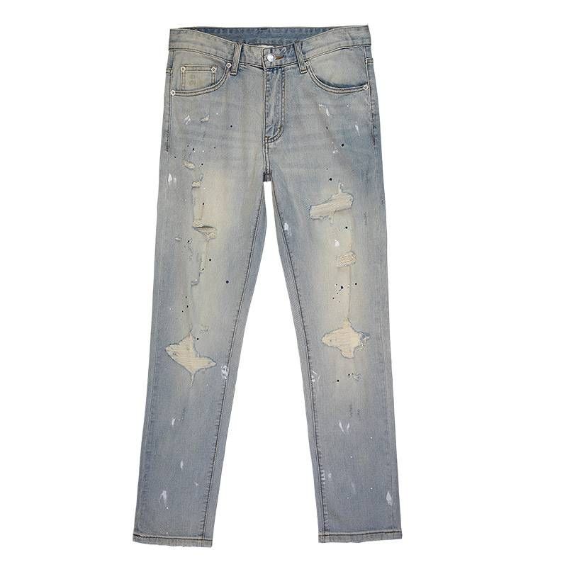 Men's Distressed Washed Jeans - Vintage Light Blue Ripped Slim Straight Denim Pants With Artistic Splatter & Stretch Comfort_mkmklike.com