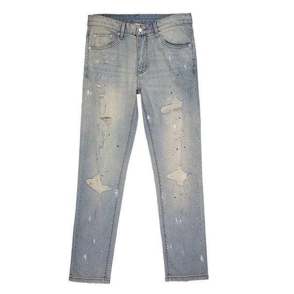 Men's Distressed Washed Jeans - Vintage Light Blue Ripped Slim Straight Denim Pants With Artistic Splatter & Stretch Comfort_mkmklike.com