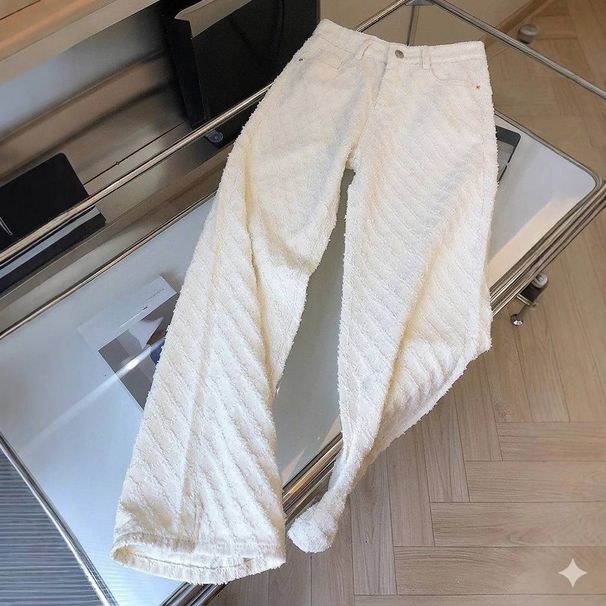 Fashion Checkered White Straight Leg Jeans For Women - Loose Fit High Waist Wide Leg Trousers With Flowy Hem_mkmklike.com