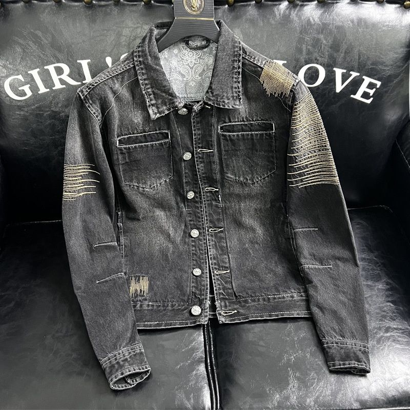 Loom European And American Style Men's Trendy Retro Embroidered Black Denim Jacket Top 206858P205_mkmklike.com
