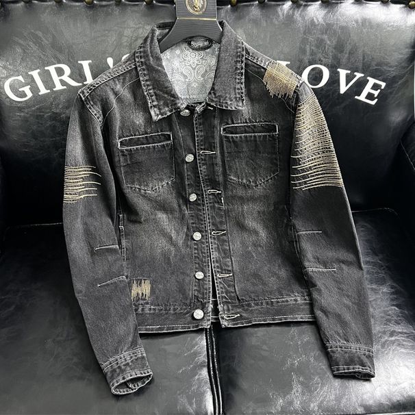 Loom European And American Style Men's Trendy Retro Embroidered Black Denim Jacket Top 206858P205_mkmklike.com