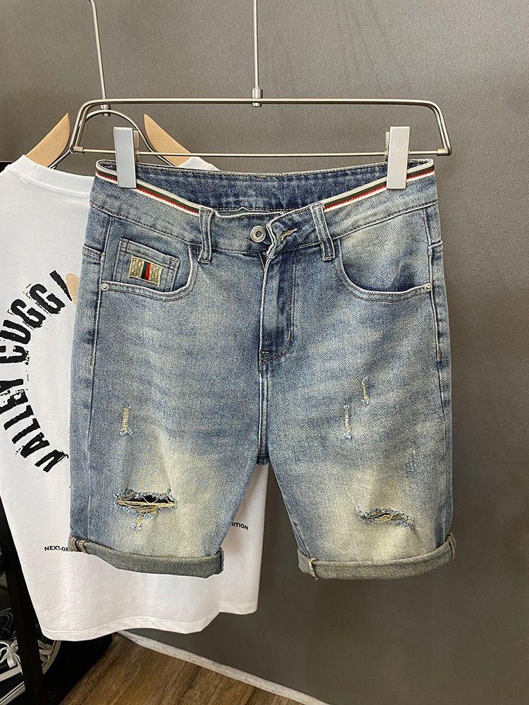 Men's Light Blue Distressed Denim Shorts - Stretchable Casual Cargo Mid-Length Shorts With Print Design, Comfortable & Stylish Summer Wear_mkmklike.com