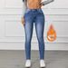 Women's Jeans Are Fashionable Versatile, Stretchy Casual Pants, Simple Slimming, Blue Fleece-lined Denim Trousers For_mkmklike.com