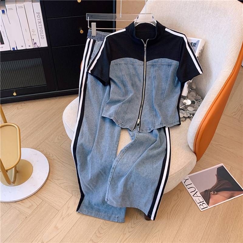 Women's Summer New Fashion Fashionable Fat Women's Suit Short-sleeved Denim Suit Plus Size Women's Casual Age-reducing Two-piece Suit Trend_mkmklike.com