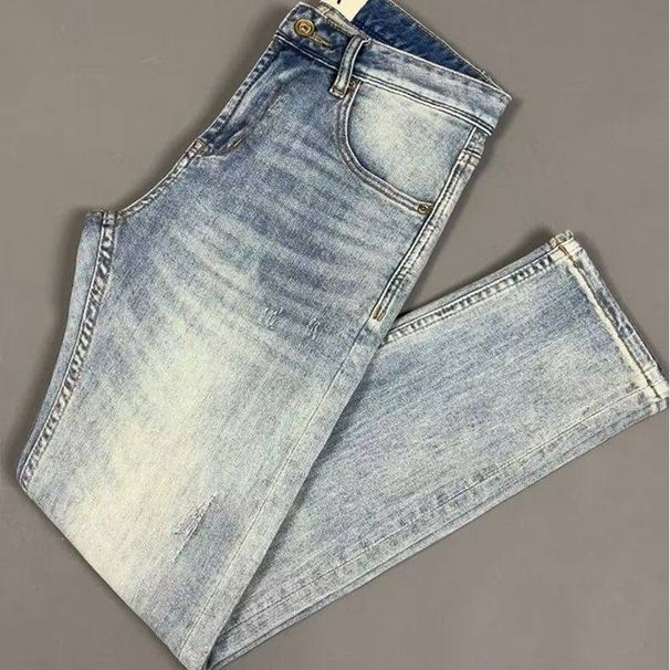 Men's Washed Retro Embroidered Slim Jeans Trendy High Street Casual Stretch Straight Trousers Mid Waist Royal Blue Zipper Fly_mkmklike.com