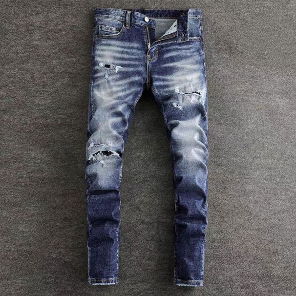 Men's Clothing Fashion Brand Men's Jeans Trendy Retro Blue Washed Ripped Patch Micro Elastic Slim Fit Skinny Pants Men_mkmklike.com
