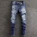 Men's Clothing Fashion Brand Men's Jeans Trendy Retro Blue Washed Ripped Patch Micro Elastic Slim Fit Skinny Pants Men_mkmklike.com