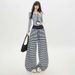Autumn Winter Striped Loose Comfortable Long American-style Blue And White Drawstring Elastic Casual Pants, Stylish_mkmklike.com