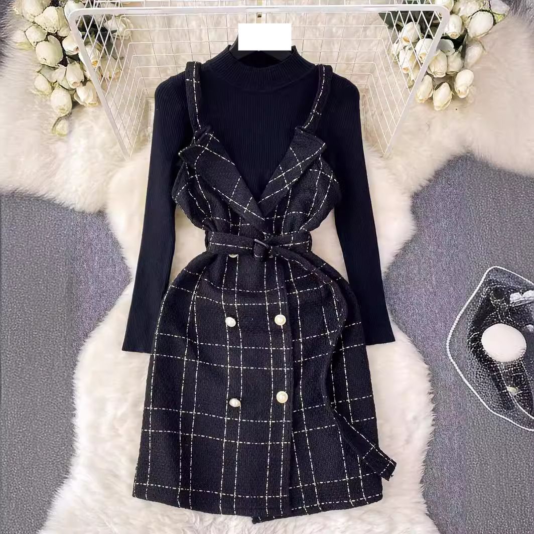 Women's retro celebrity style double-breasted waist suspender dress with knitted sweater suit skirt_mkmklike.com