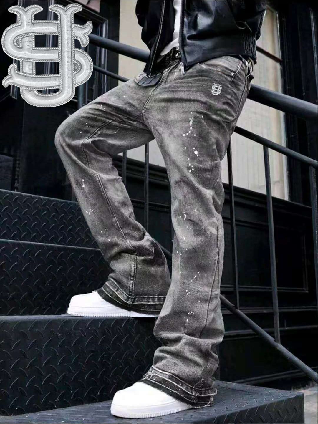 Men's Premium Washed Denim Jeans - US Embroidery & Splatter Paint Hip-Hop Streetwear Jeans_mkmklike.com