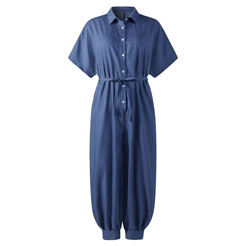 Women's Cross-border 2023 spring new solid color plus size casual short sleeve denim jumpsuit_mkmklike.com