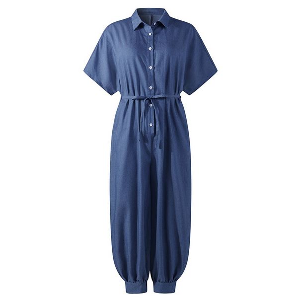 Women's Cross-border 2023 spring new solid color plus size casual short sleeve denim jumpsuit_mkmklike.com